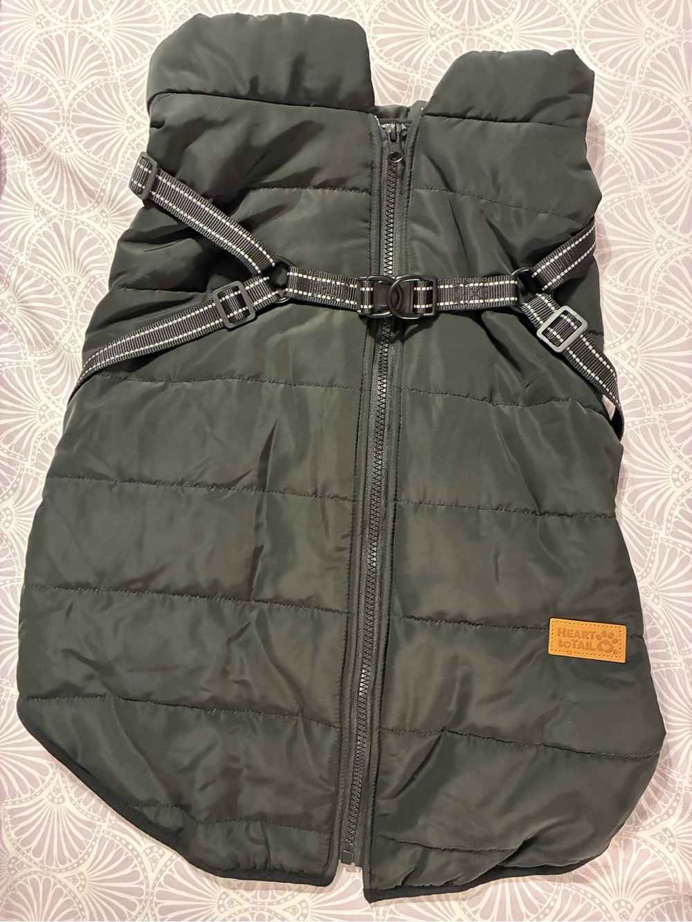 Black Puffer Dog Vest with Attached Reflective Harness